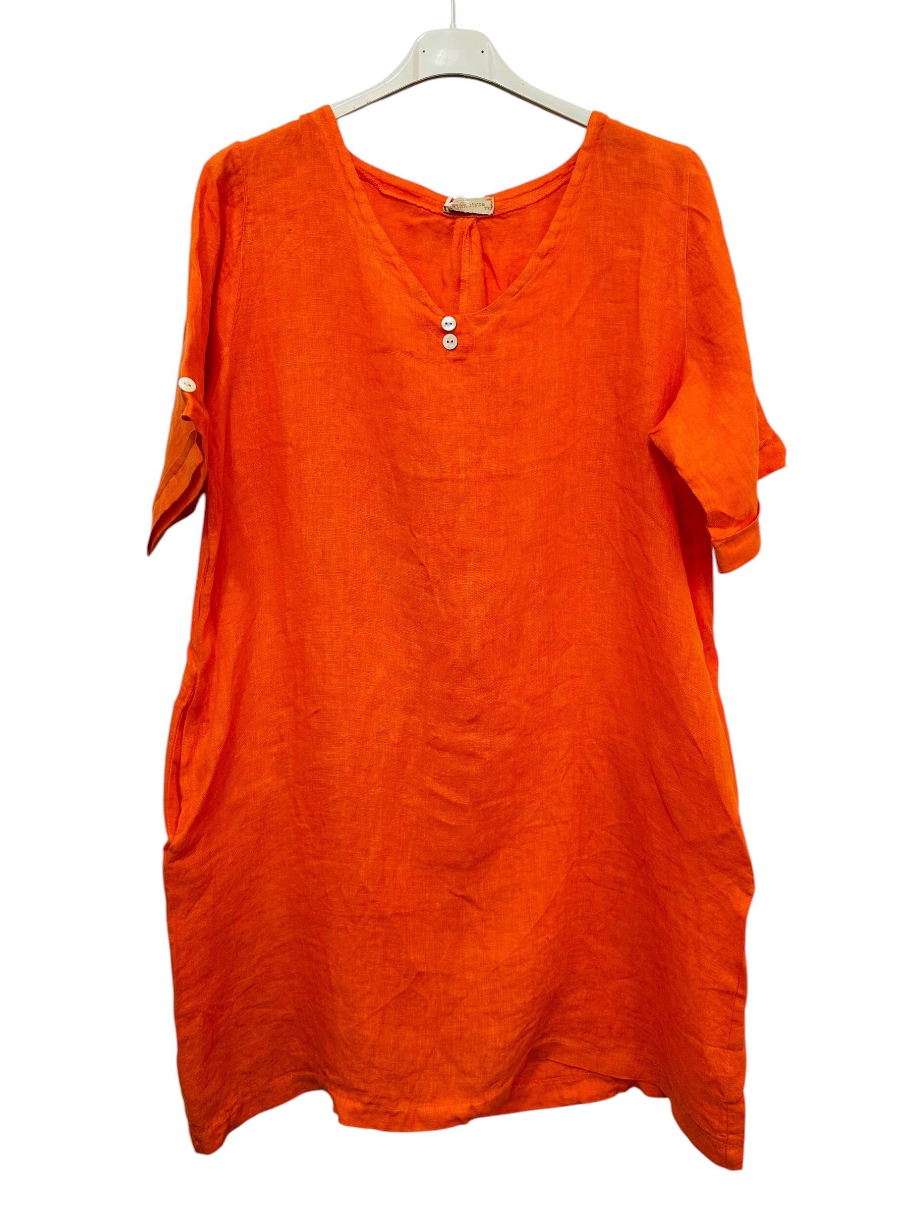 orange tunic dress VC0147ORA Linen V-Neck – LOOWIE COUNT-102 Dark Fairy Dress For Girls (Size):5-6 Years Strapless Curved Neck Mini The Nest Boho Dresses