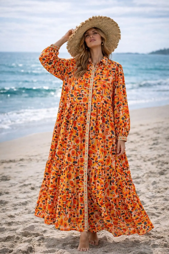 YOMDOATM Indian OS Orange Abstract Tiered Maxi Dress – LOOWIE
