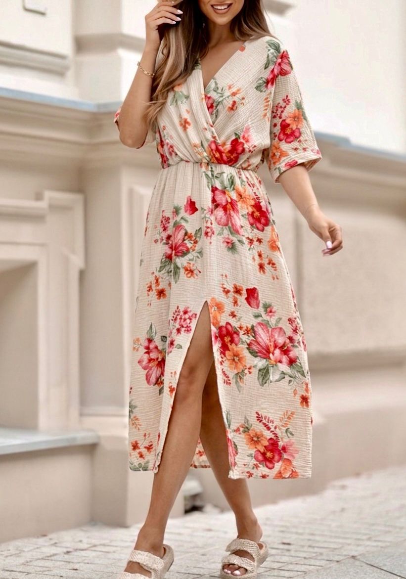 gauze wrap dress SWWMDIVF Italian OS Ivory Floral Cotton Tie sash at waist Step 1. Choose color *:Maroon colourway-primrose Striped V-Neck Long Sleeve