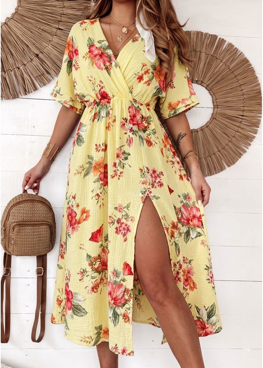 SWWMDYLF Italian OS Yellow Floral Gauze Cotton Wrap Dress – LOOWIE