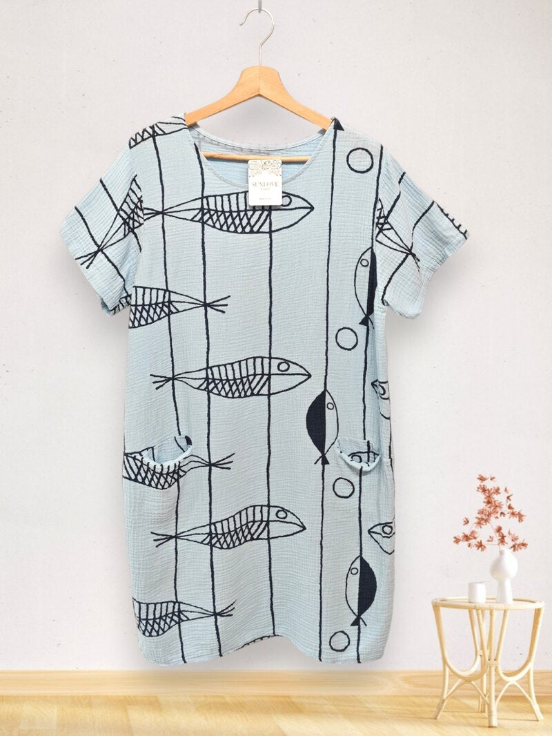 LSFSHSB Fish Print Gauze Cotton Midi Dress Sky Blue – LOOWIE