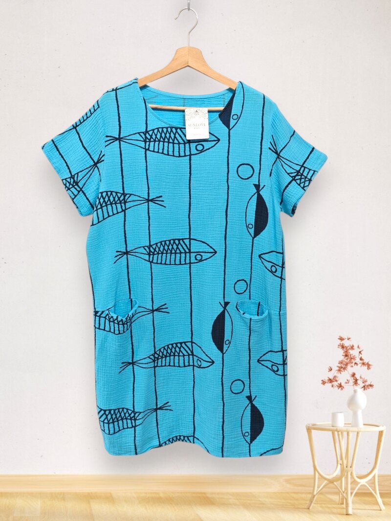 LSFSHCY Fish Print Gauze Cotton Midi Dress Cyan – LOOWIE