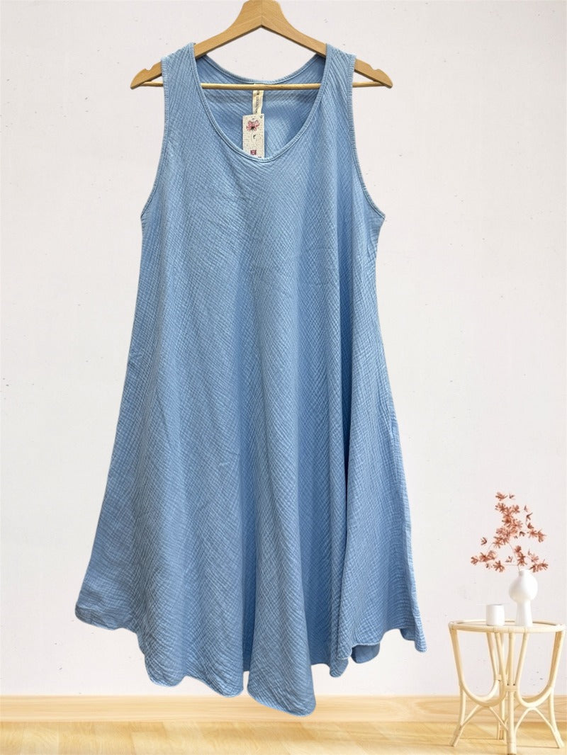 LSALNSB A-Line Gauze Cotton Midi Dress Sky Blue – LOOWIE