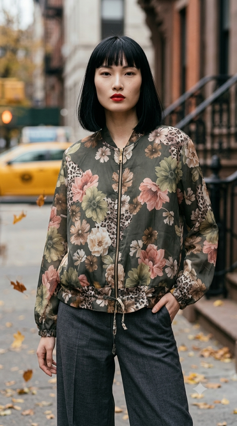 ZOJ20 Green Rose Leopard Tencel Jacket - model styled photo