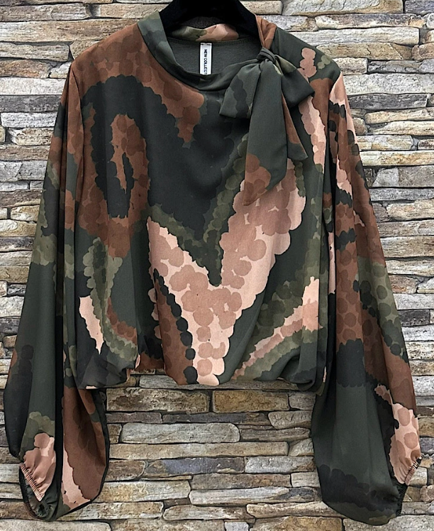 E836 Italian Geometric Olive Print Bow-Tie Blouse LOOWIE