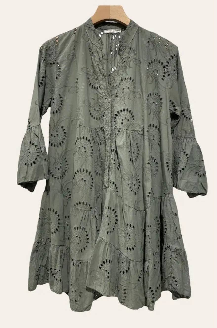 9802S Olive One Size Cotton English Embroidery Short Dress
