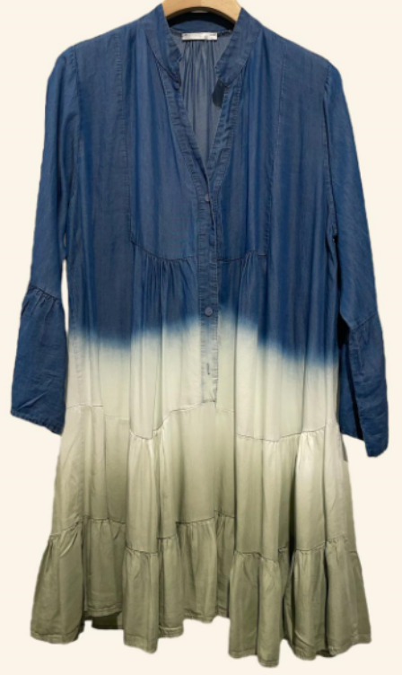 NBDEGO Italian Olive Ombre Tiered Dress with Ruffled Sleeves