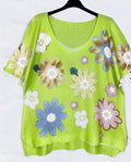 7021 Green Daisy V-Neck Knit Printed Short Sleeves Sweater
