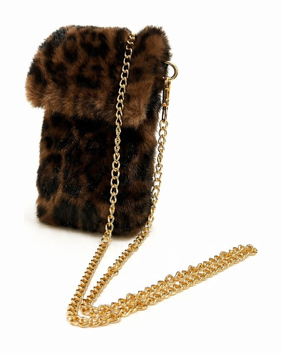 JA436 Brown Leopard Faux Fur Chain Phone Bag