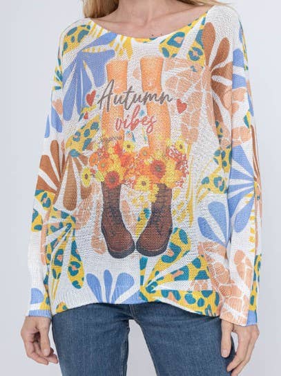 C051 Beige Fall Vibes Knit Printed Sweater LOOWIE
