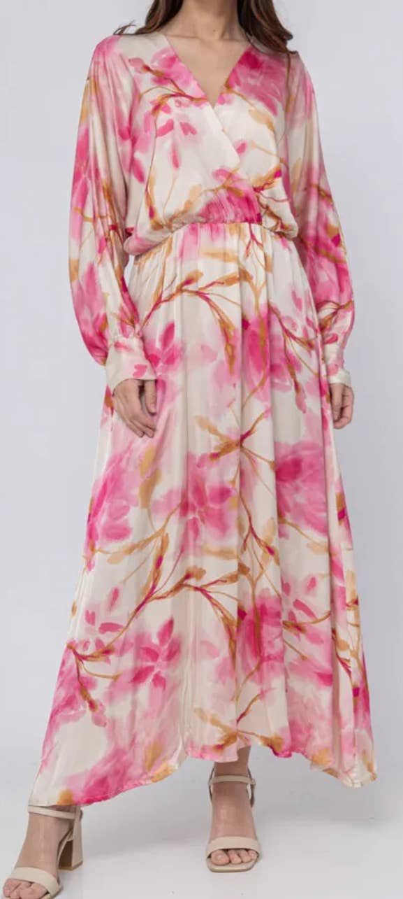 MEN227P  Italian Pink Floral Wrap Maxi Dress LOOWIE
