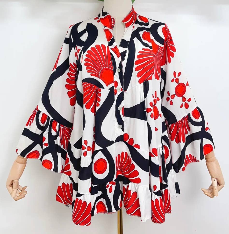 VSA6 Red Italian One Size Abstract Large Blouse LOOWIE