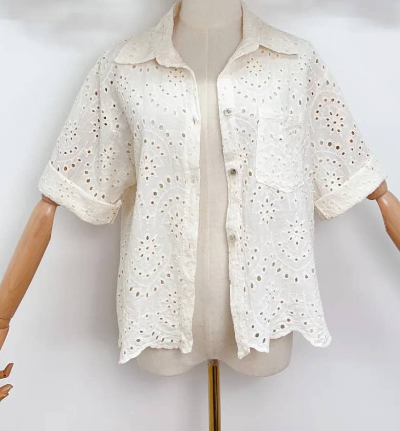 VS632 Beige Cotton Italian Eyelet Button Shirt LOOWIE