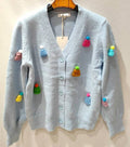 MC431 Light Blue Knitted Cardigan with Pom-Pom Details