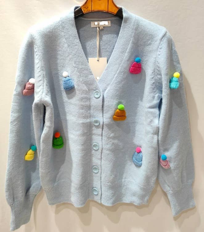 MC431 Light Blue Knitted Cardigan with Pom-Pom Details
