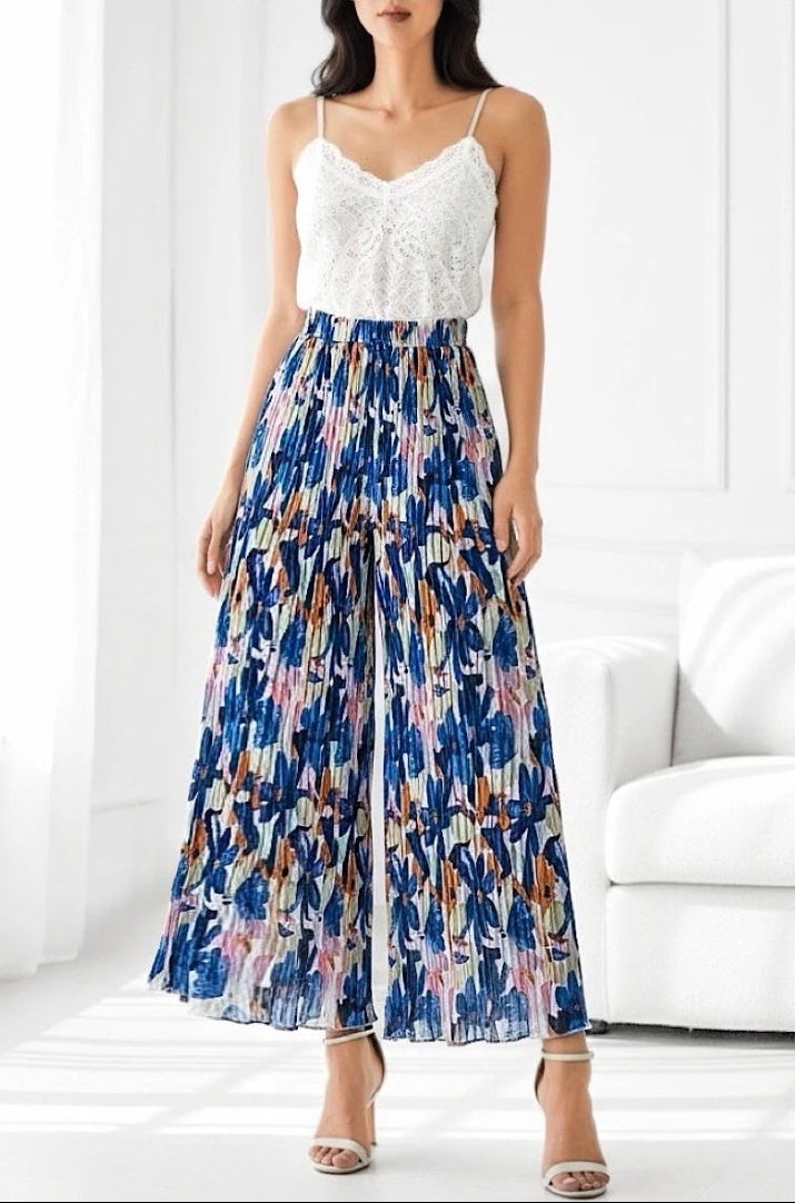 ESTRWLBFA Italian OS Printed Wide Leg Pants Blue Floral Abstract