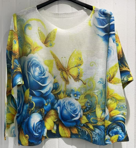 COBUT Blue Butterfly Round Knit Printed Sweater LOOWIE