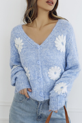 FO57 One Size Soft Sky Blue Floral Daisy  Knit Cardigan