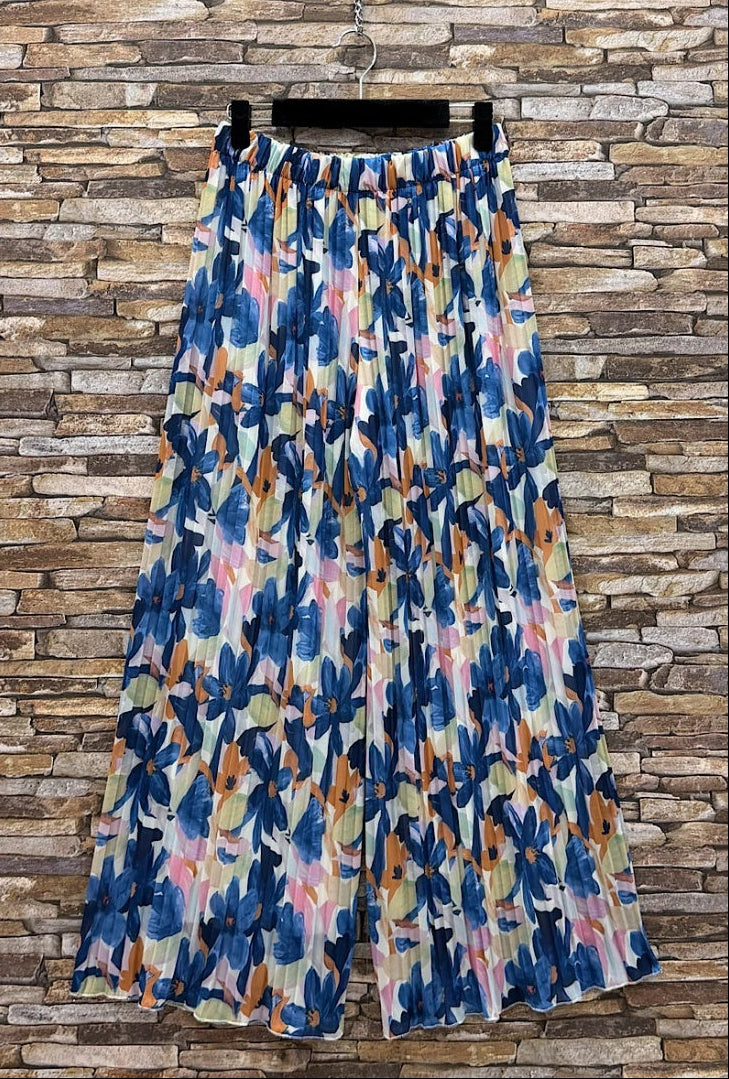 ESTRWLBFA Italian OS Printed Wide Leg Pants Blue Floral Abstract