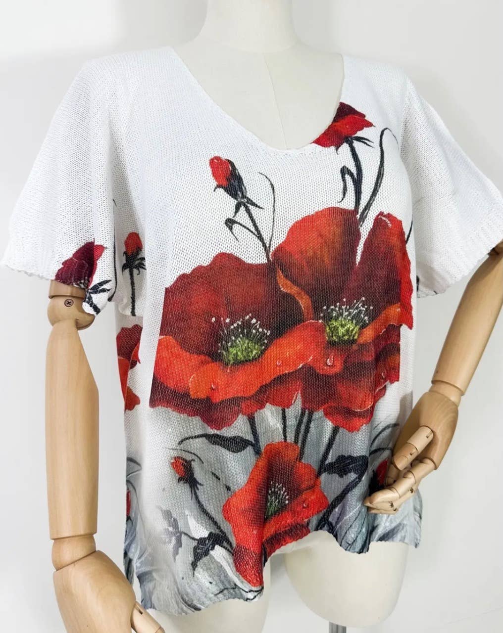 ZACOQ Red Floral V-Neck Knit Printed Short Sleeves Sweater