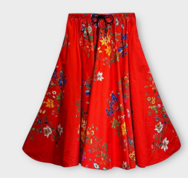 LFSR Italian Bright Red Cotton Floral A-Line Skirt