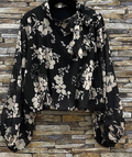 811 One Size Black Floral Print Bow-Tie Blouse LOOWIE