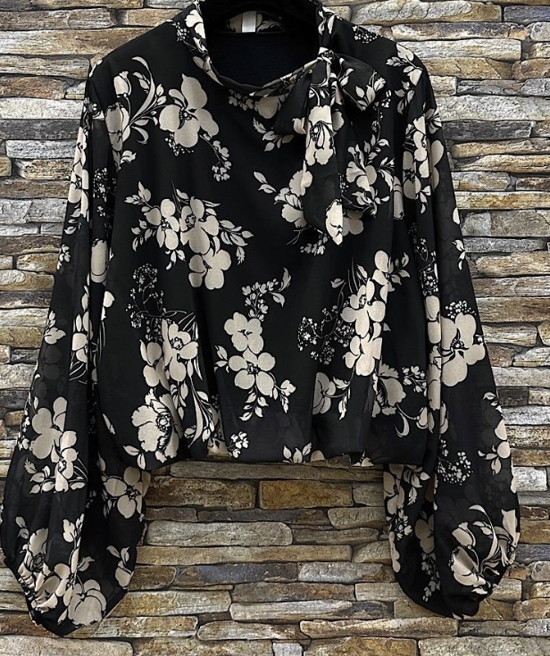 811 One Size Black Floral Print Bow-Tie Blouse LOOWIE