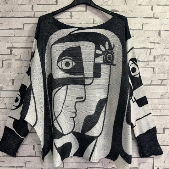 Z2013 One Size Black Picasso Style Printed Sweater LOOWIE