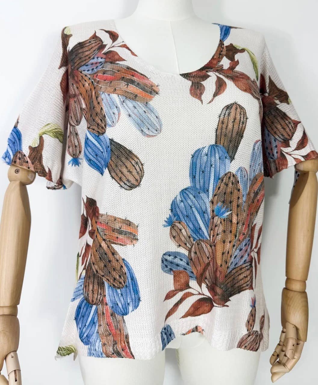 ZACACB Blue Cactus V-Neck Knit Printed Short Sleeves Sweater