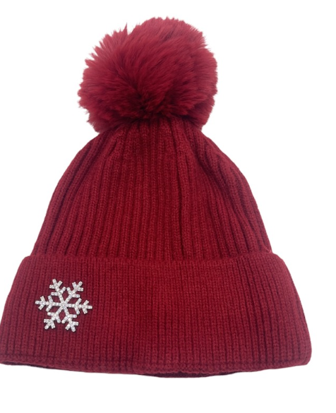 BO167 Wine Snow Flake W/ Fake Fur Pom Beanie Hat LOOWIE