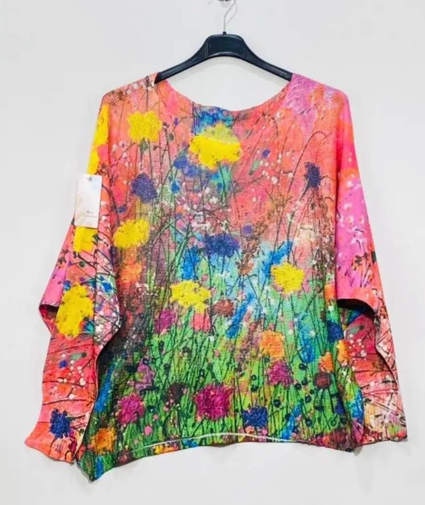 19 Pink Abstract Floral Knit Printed Sweater LOOWIE