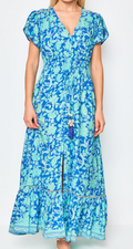 CIR106T Blue Bohemian V-Neck Maxi Dress w/ Flutter Sleeves