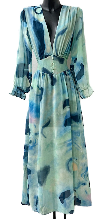 ELJUAQ Italian Lined Aqua Abstract Maxi Deep V-Neck Dress