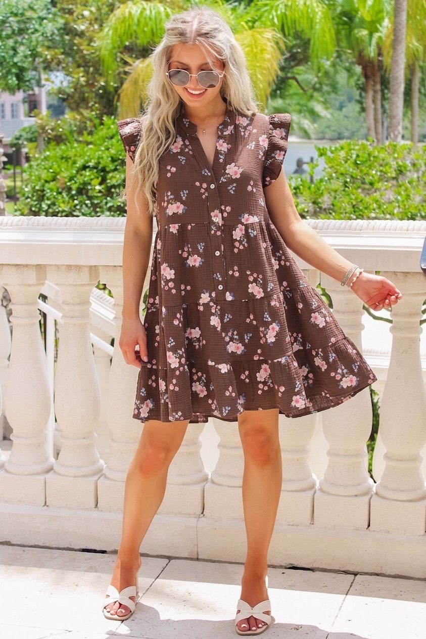 SWFTMBR Floral Tiered Mini Dress Brown