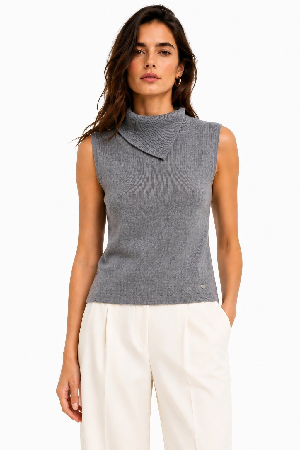 LUACT3 Grey Asymmetric Collar Top