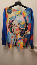 POLADB Blue Lady V- Neck Knit Printed Sweater