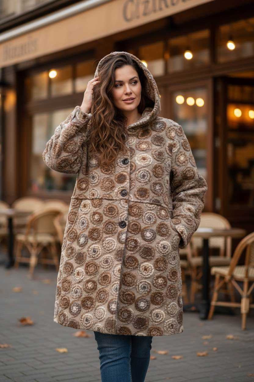 SB38 Beige Circle Motif Hooded Coat