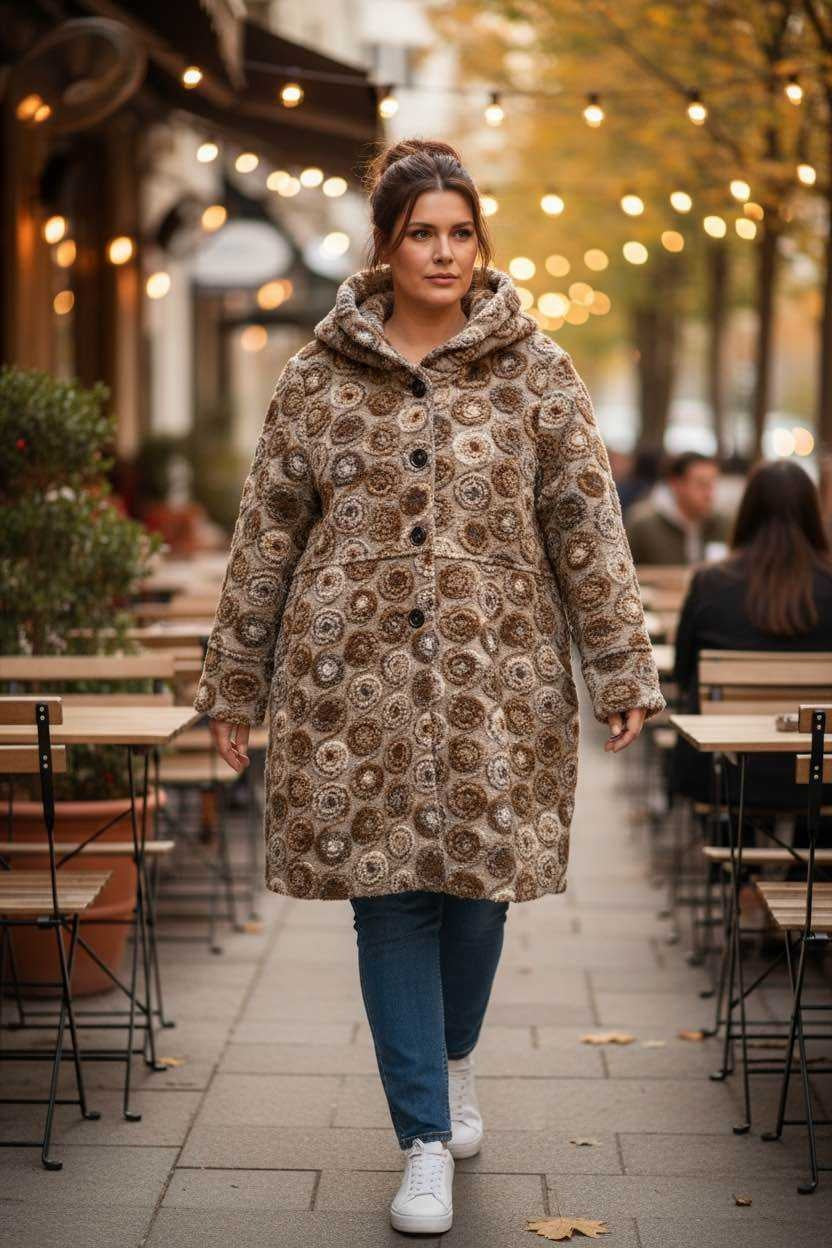 SB38 Beige Circle Motif Hooded Coat