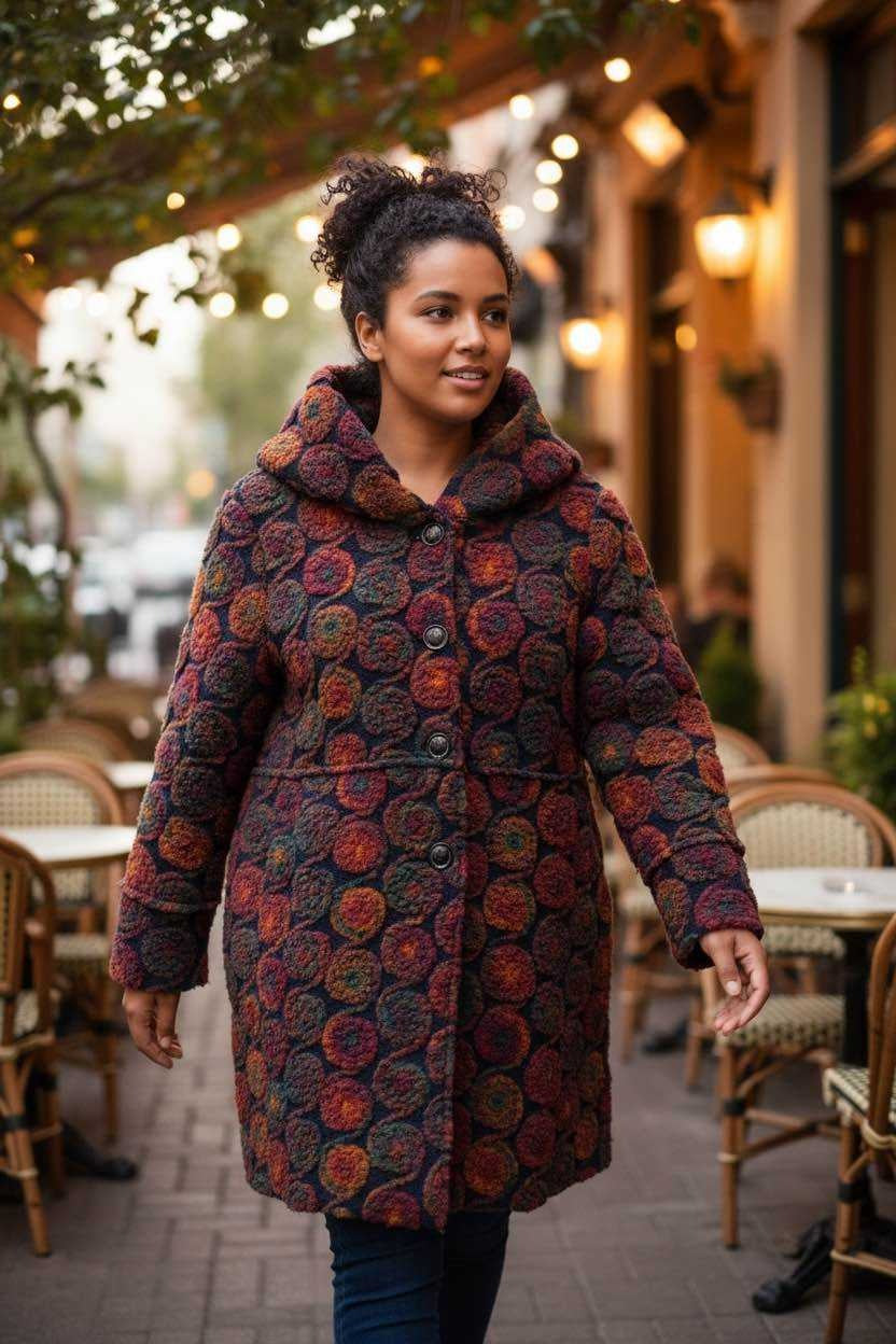SB39 Burgundy Circle Motif Hooded Coat