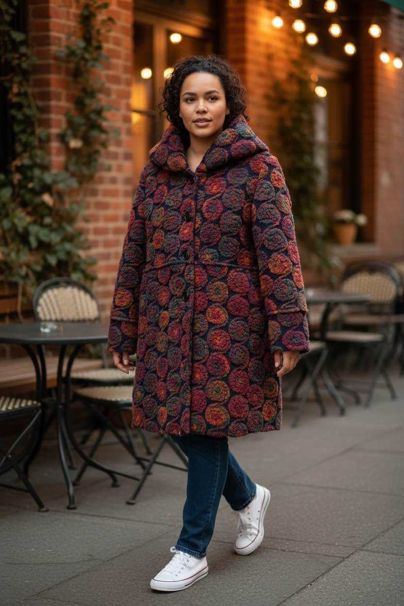 SB39 Burgundy Circle Motif Hooded Coat