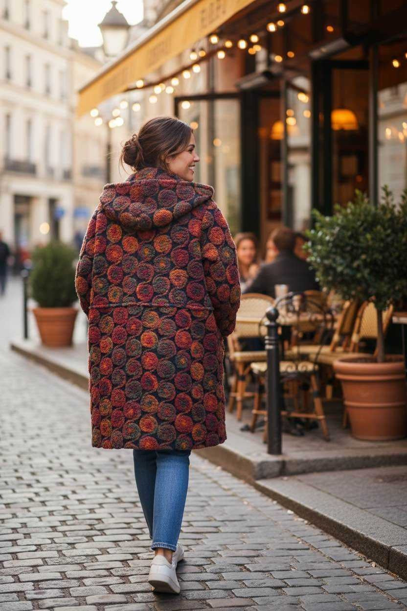SB39 Burgundy Circle Motif Hooded Coat