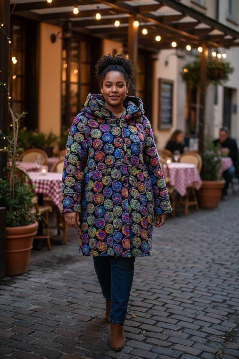 SB41 Green Red Black Circle Motif Hooded Coat
