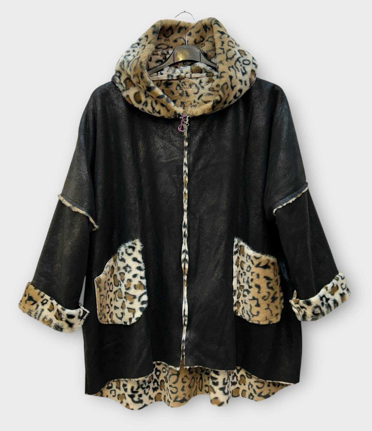 SB42 Black Leopard Trim Hooded Coat
