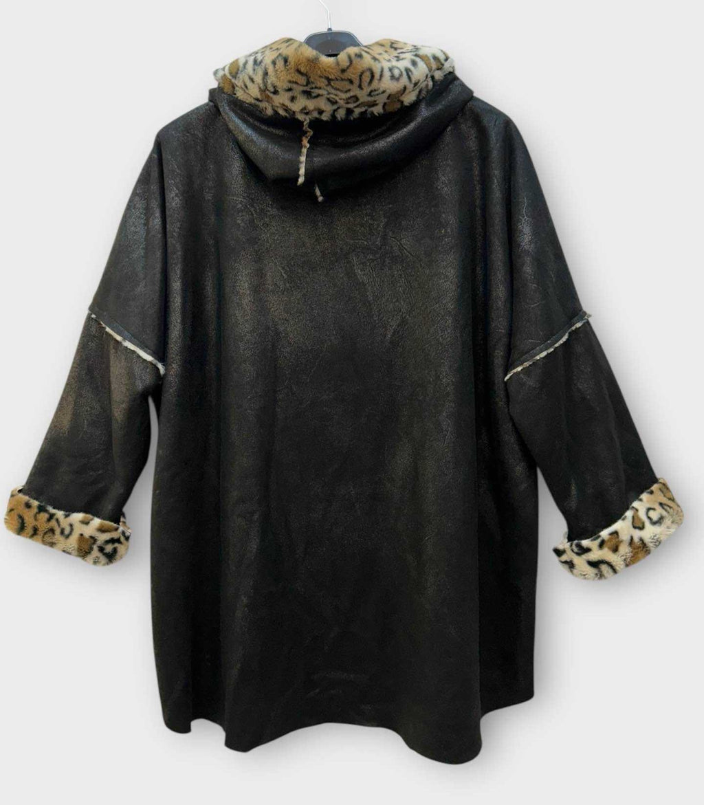 SB42 Black Leopard Trim Hooded Coat