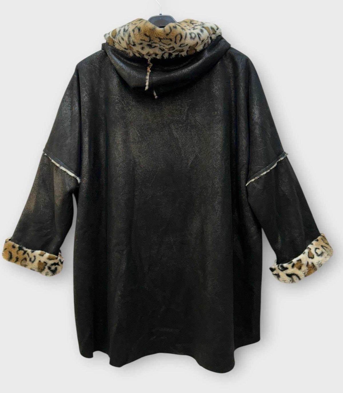 SB42 Black Leopard Trim Hooded Coat