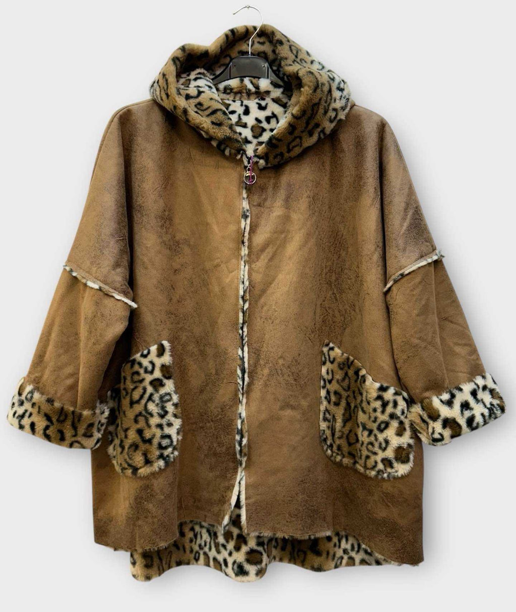 SB43 Camel Leopard Trim Hooded Coat