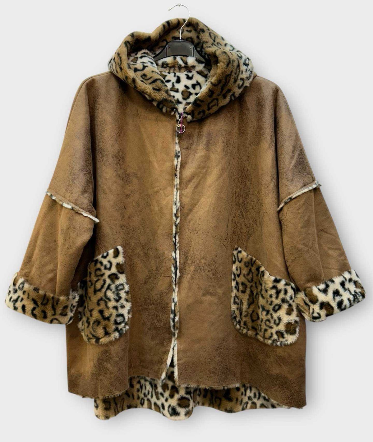 SB43 Camel Leopard Trim Hooded Coat