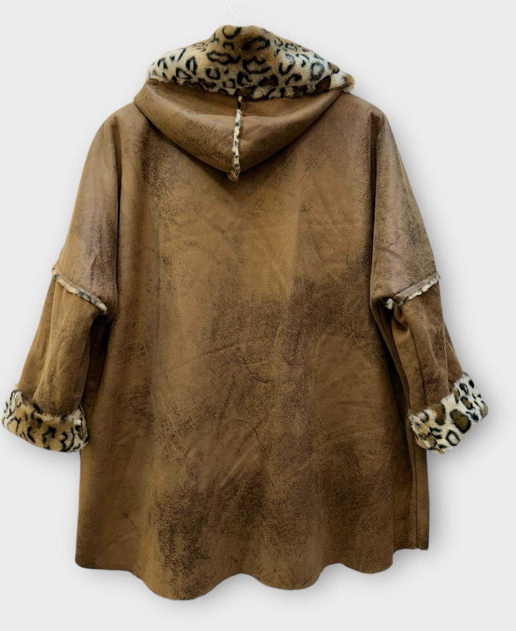 SB43 Camel Leopard Trim Hooded Coat