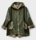 SB44 Khaki Leopard Trim Hooded Coat