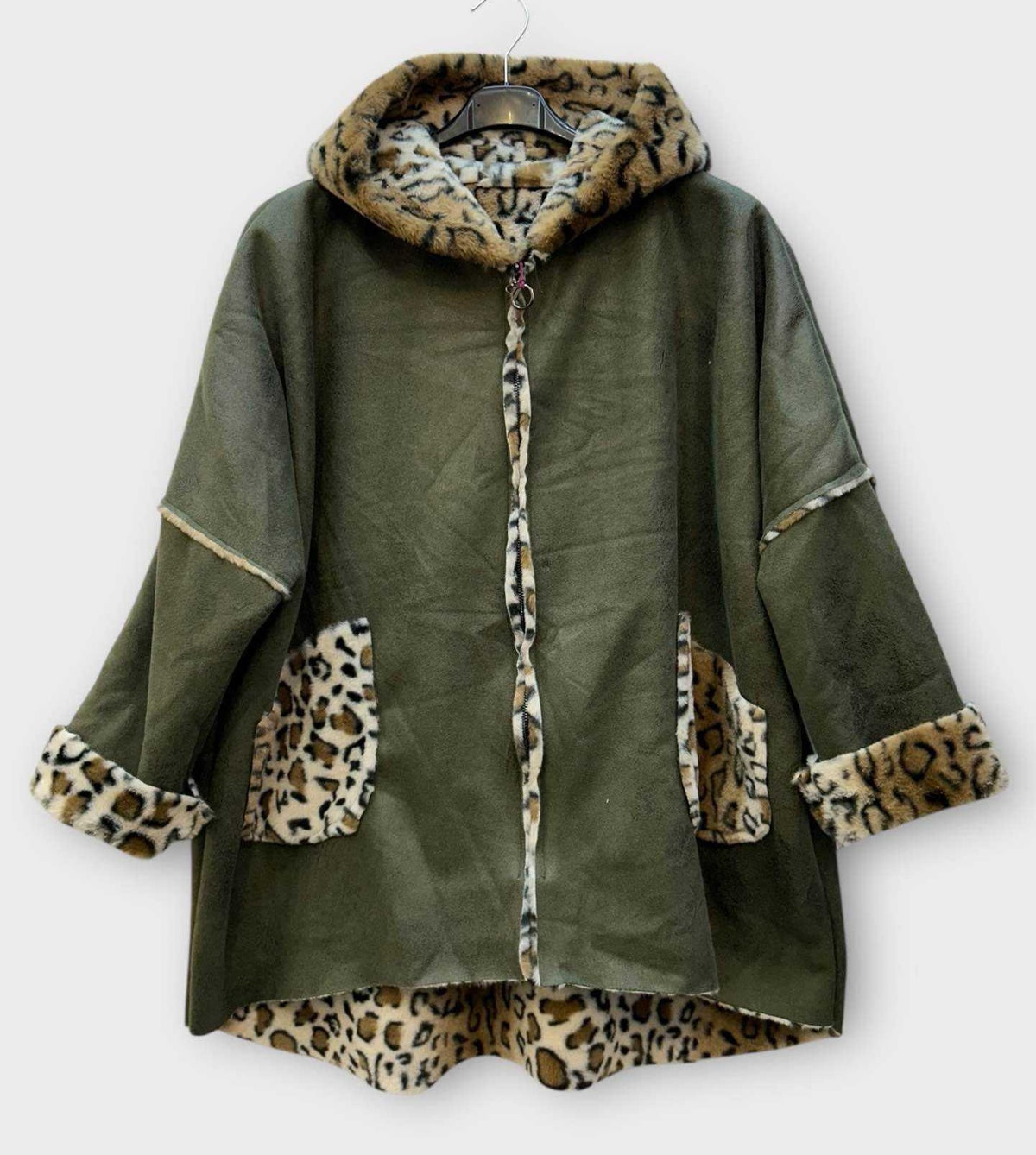 SB44 Khaki Leopard Trim Hooded Coat